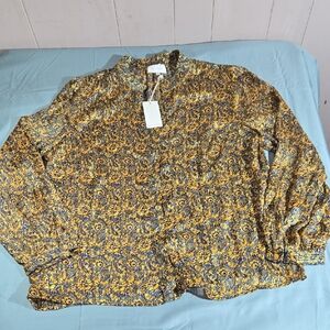 MELLODAY Gold and Blue Shiny Floral Long Sleeve Button Up Xl Shirt  Blouse